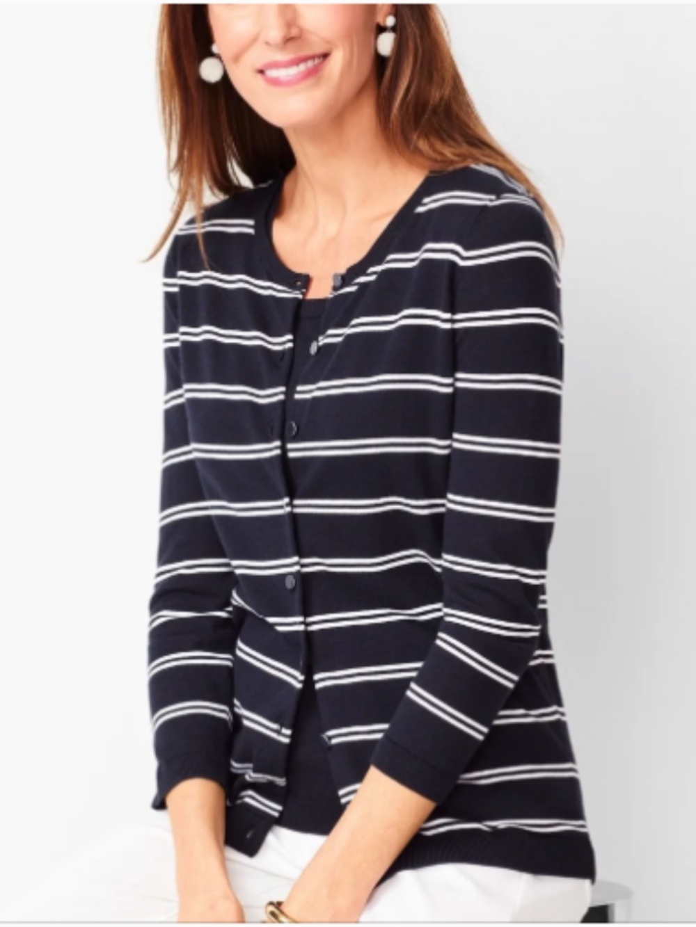 Talbots Cotton Blend Navy Blue & White Stripes Thin Knit Crewneck Cardigan XS
